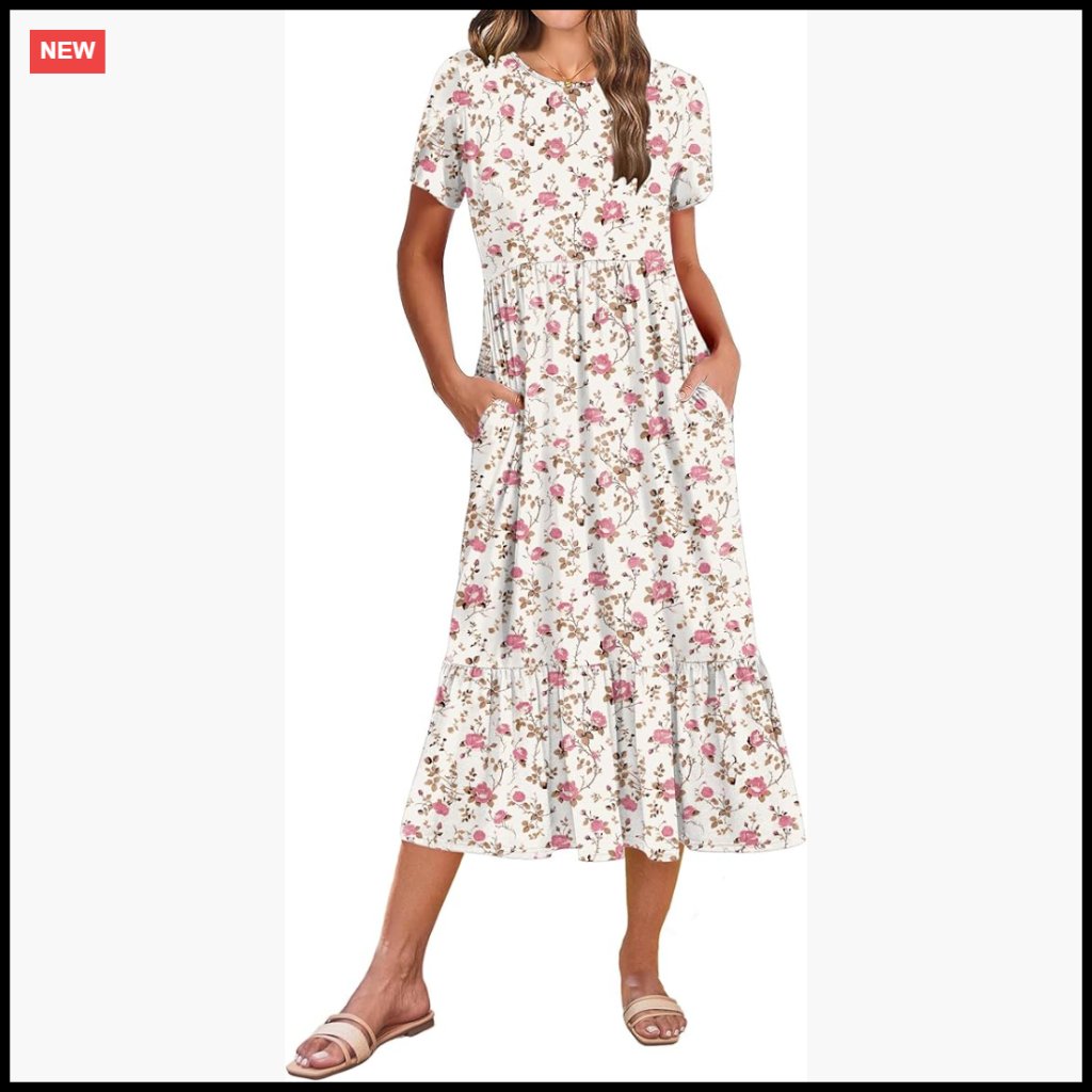 Summer Midi A-Line Dress Flowy Tiered Casual Beach Sundress With Pockets